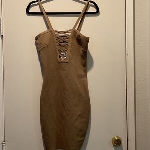 Windsor Camel Lace-Up Bodycon Mini Dress